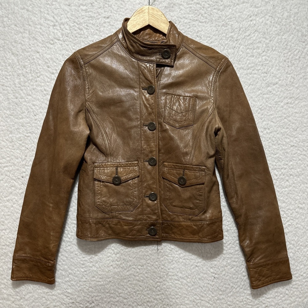 Vintage Gap Y2Kโ Tan Leather Cafe Motorcycle Jacket Women's XS Button Up 2000s